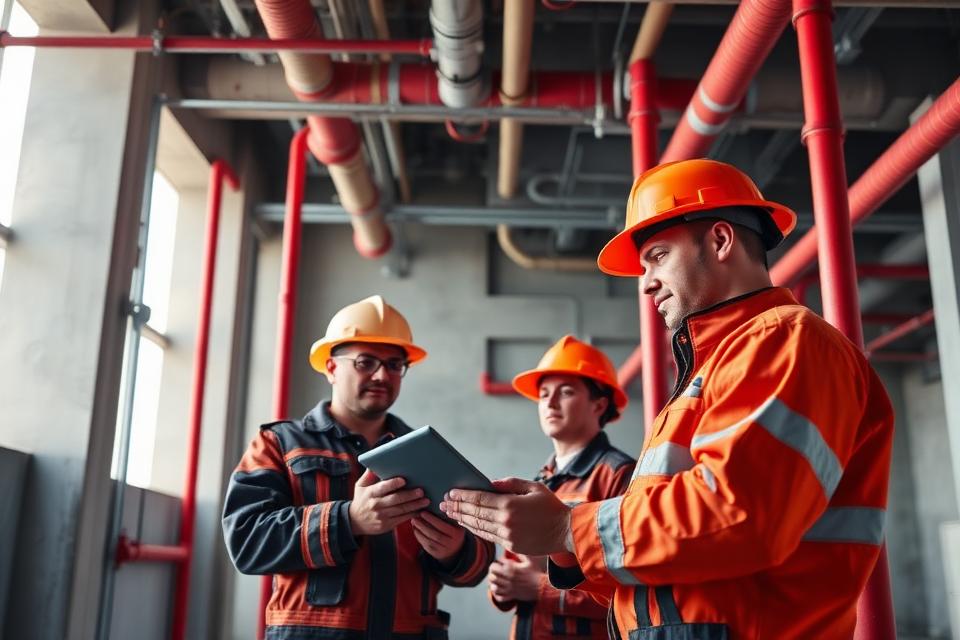 Fire sprinkler field service crew coordinating on a tablet