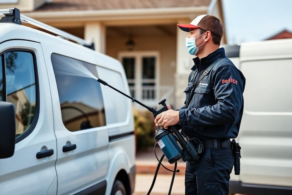 Pest control franchise technician treating a home exterior